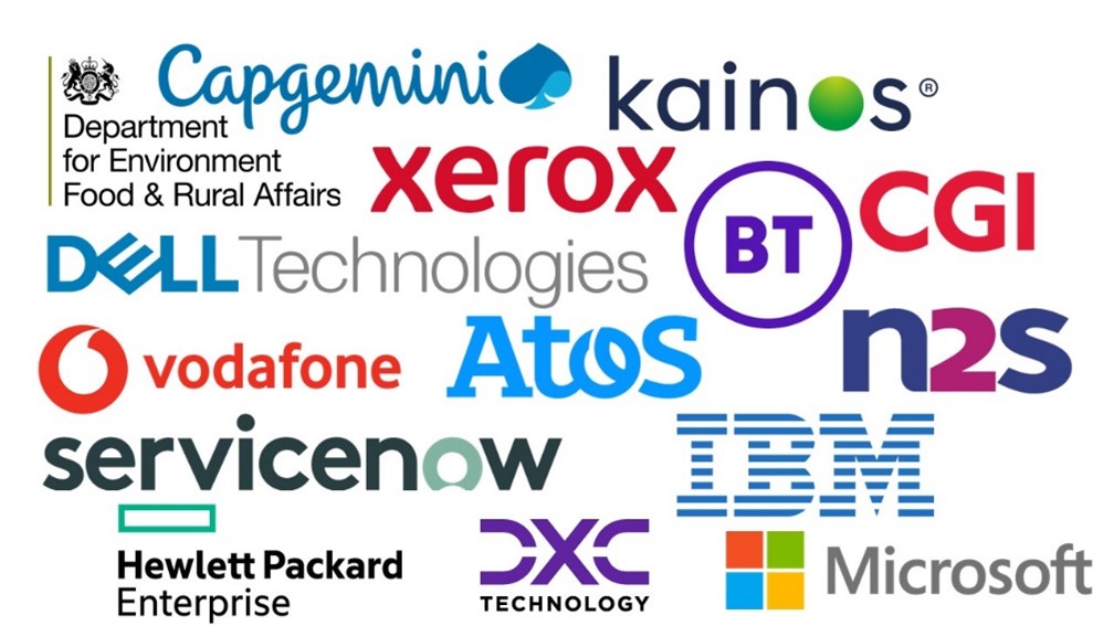 Infographic of current members: Department for Environment Food & Rural Affairs, Capgemini, Kainos, Xerox, Dell Technologies, BT, CGI, Vodafone, Atos, N2S, Servicenow, IBM, Hewlett Packard Enterprise, DXC Technology, Microsoft.