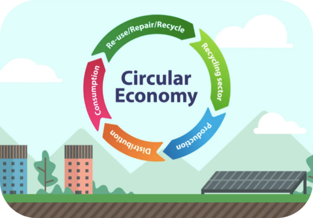 Circular economy: re-use/repair/recycle, recycling sector, production, distribution, consumption