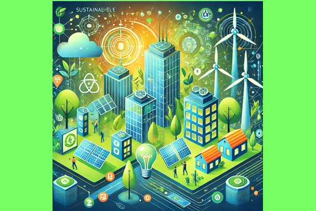 A vibrant illustration of sustainable ICT, showing a futuristic city powered by renewable energy sources like solar panels and wind turbines, integrated harmoniously with nature.