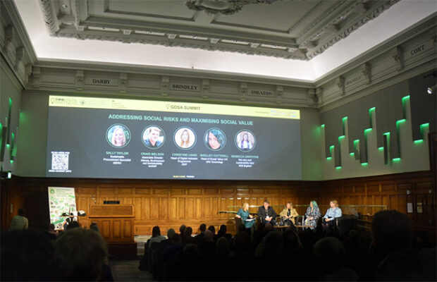 A panel discussion taking place at the GDSA Summit in a large historic hall. Five speakers are seated on stage in front of an audience. Above them, a large screen displays the session title “Addressing social risks and maximising social value”, with headshots and names of the panellists, and GDSA Summit branding.